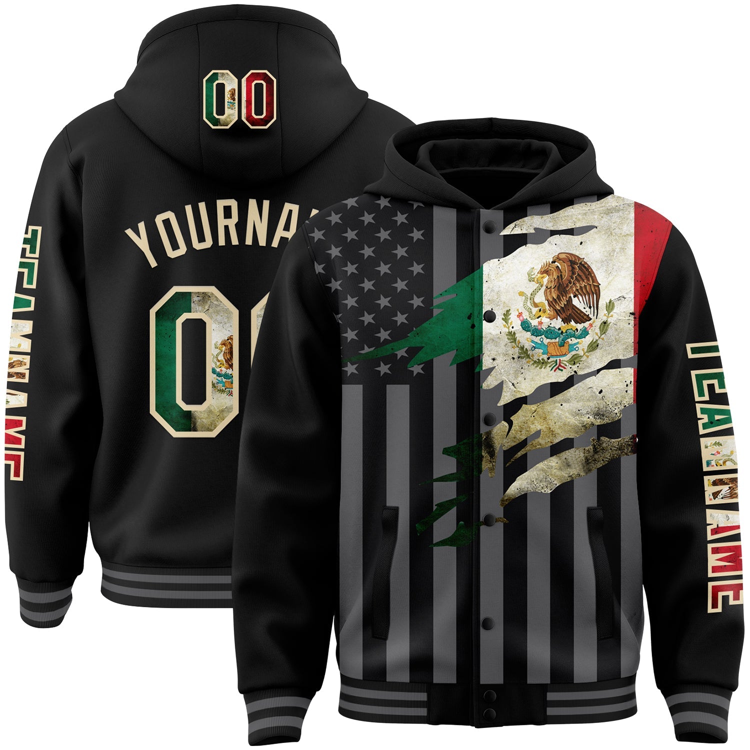 Custom Black Vintage Mexican Flag Cream-Gray Mexico 3D Bomber Full-Snap Varsity Letterman Hoodie Jacket - Main View