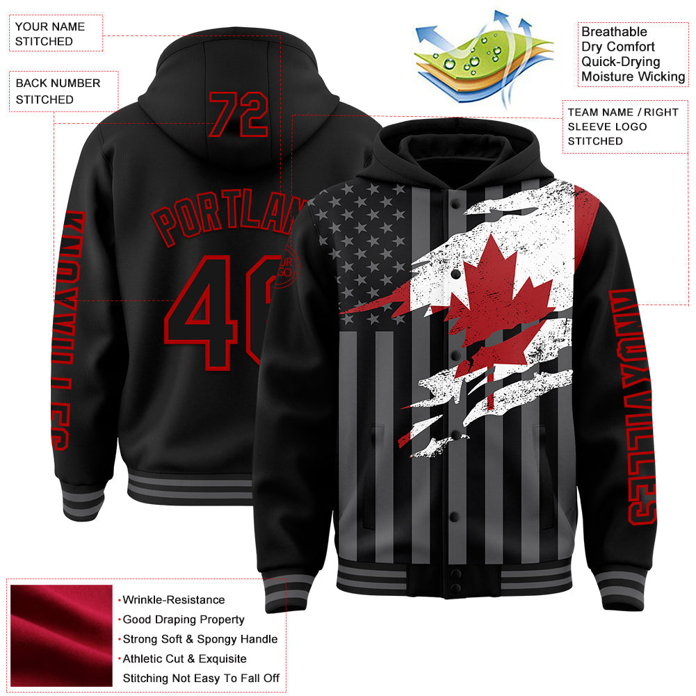 Custom Black Red-Gray Canada Canadian Flag 3D Bomber Full-Snap Varsity Letterman Hoodie Jacket view 3