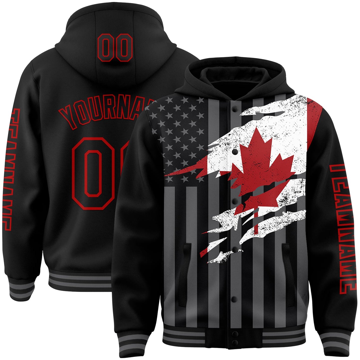 Custom Black Red-Gray Canada Canadian Flag 3D Bomber Full-Snap Varsity Letterman Hoodie Jacket - Main View
