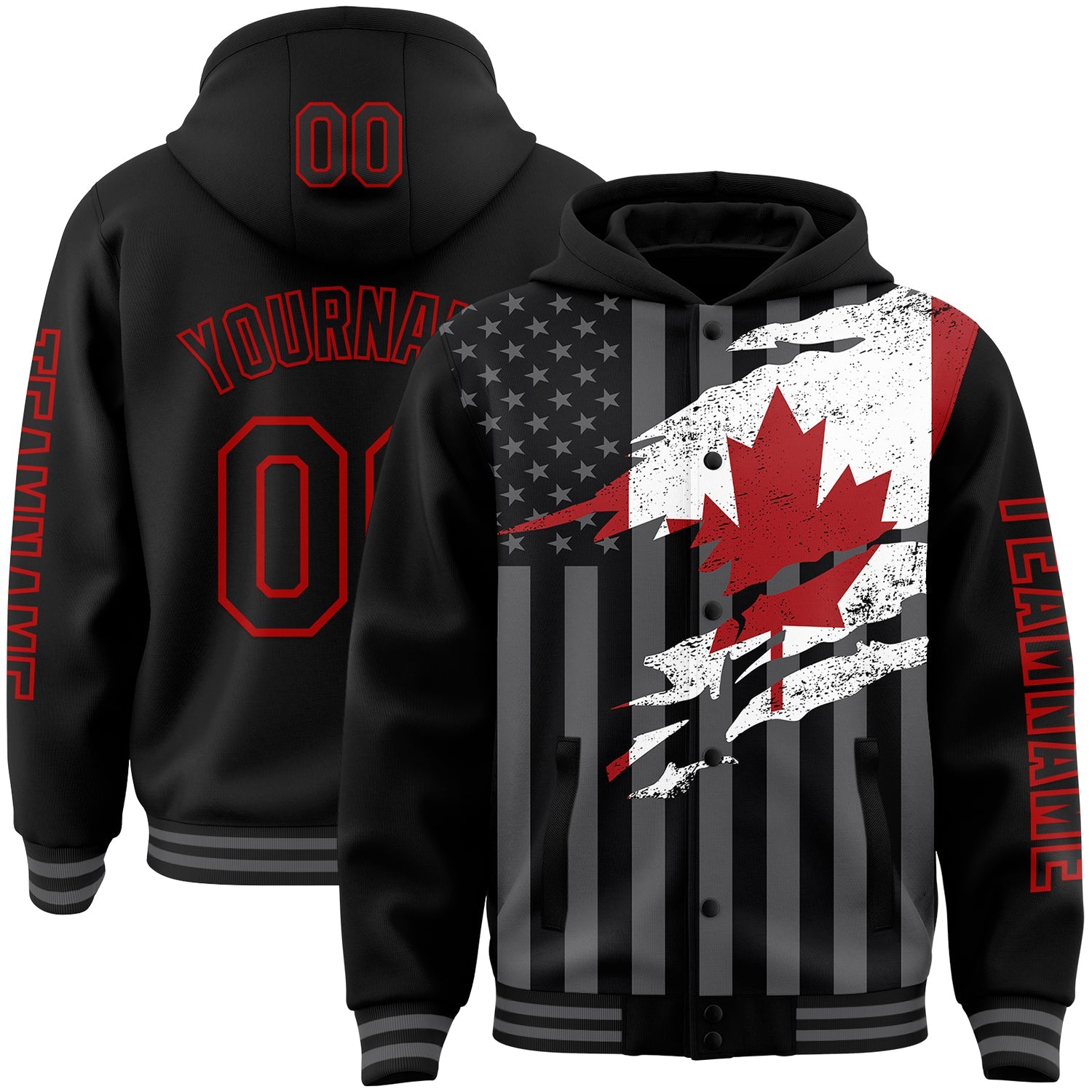 Custom Black Red-Gray Canada Canadian Flag 3D Bomber Full-Snap Varsity Letterman Hoodie Jacket - Main View
