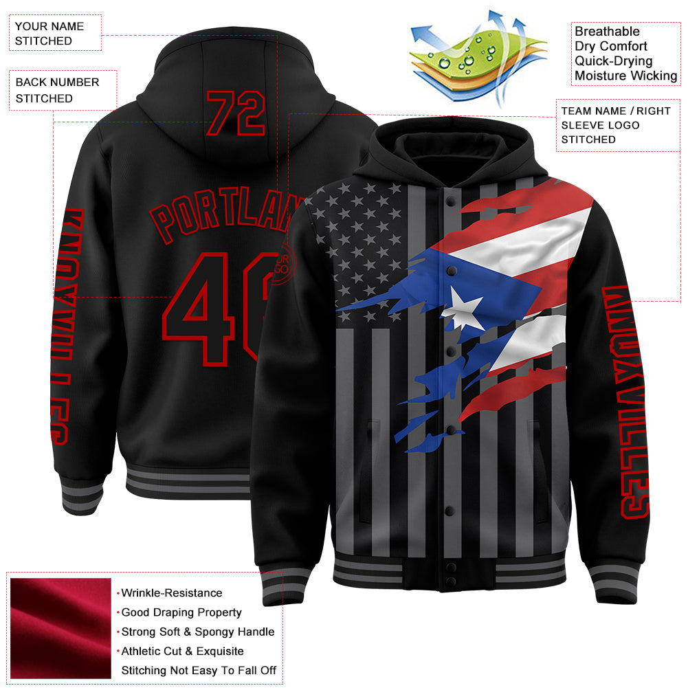 Custom Black Red-Gray Puerto Rico Puerto Rican Flag 3D Bomber Full-Snap Varsity Letterman Hoodie Jacket view 3