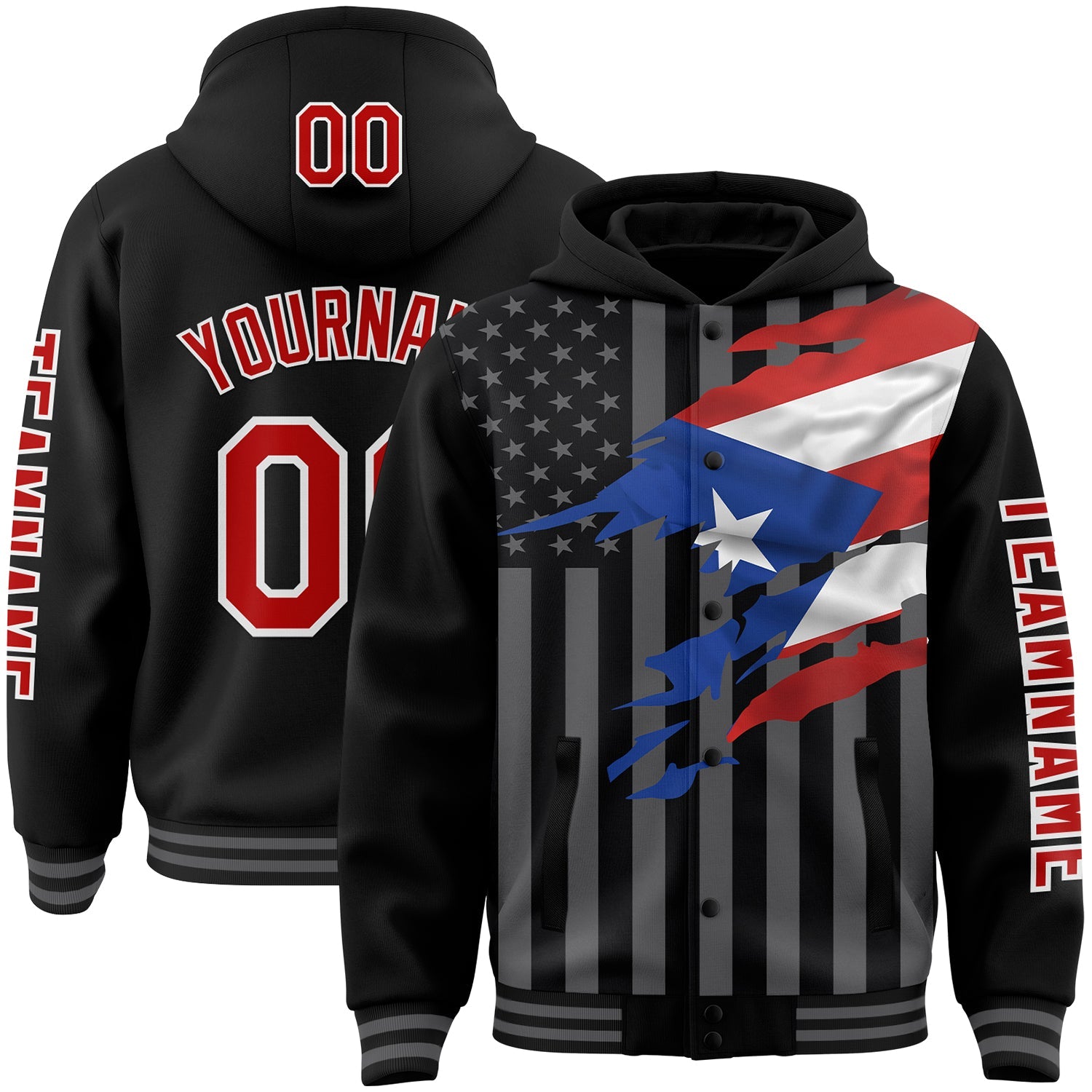 Custom Black Red-Gray Puerto Rico Puerto Rican Flag 3D Bomber Full-Snap Varsity Letterman Hoodie Jacket - Main View