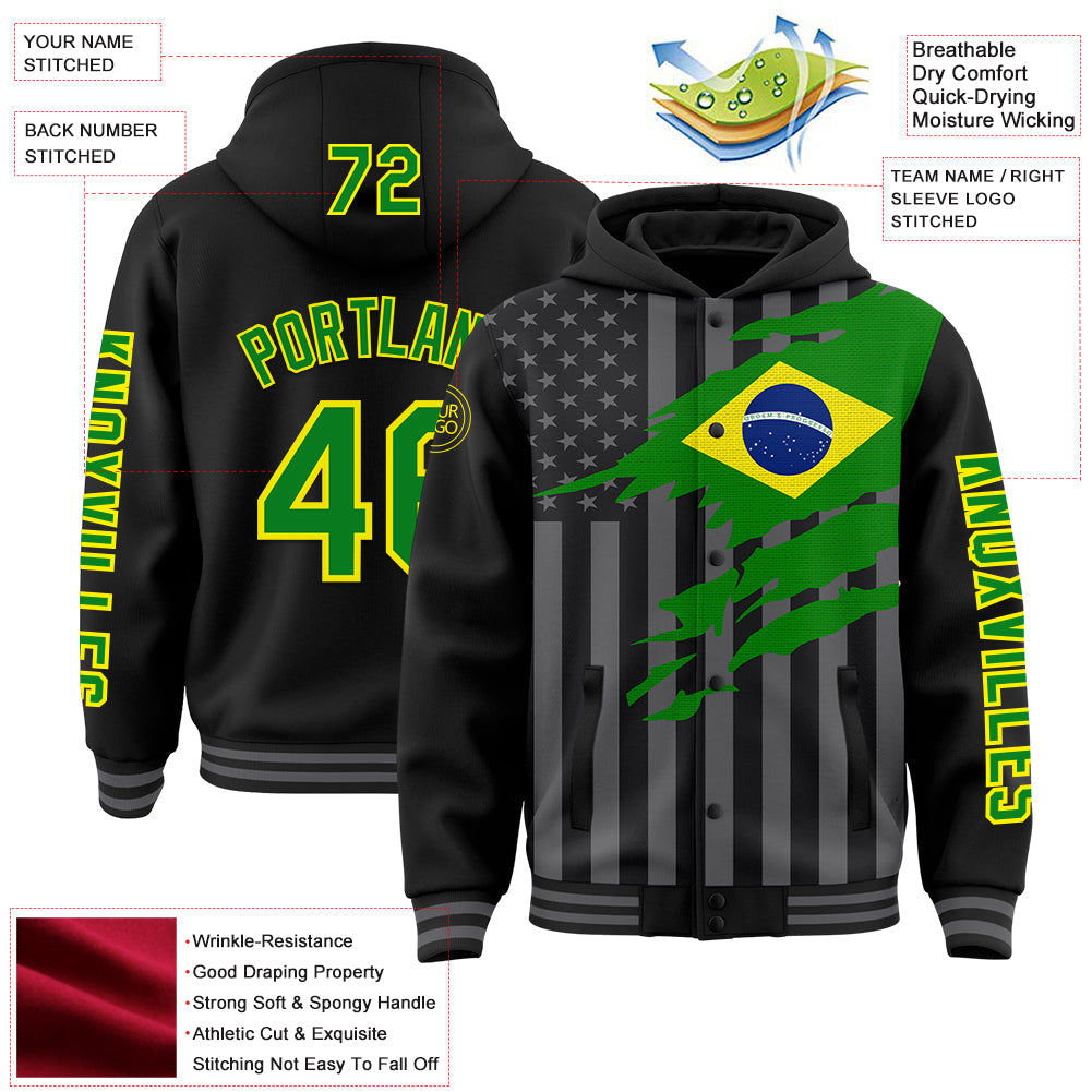Custom Black Grass Green Light Yellow-Gray Brasil Brazilian Flag 3D Bomber Full-Snap Varsity Letterman Hoodie Jacket view 3