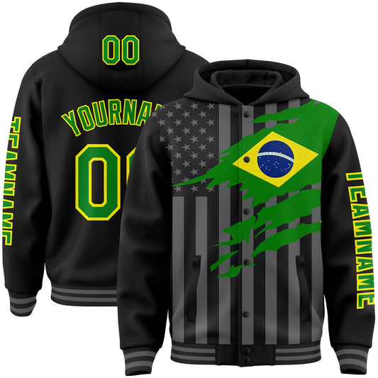 Custom Black Grass Green Light Yellow-Gray Brasil Brazilian Flag 3D Bomber Full-Snap Varsity Letterman Hoodie Jacket - Main View