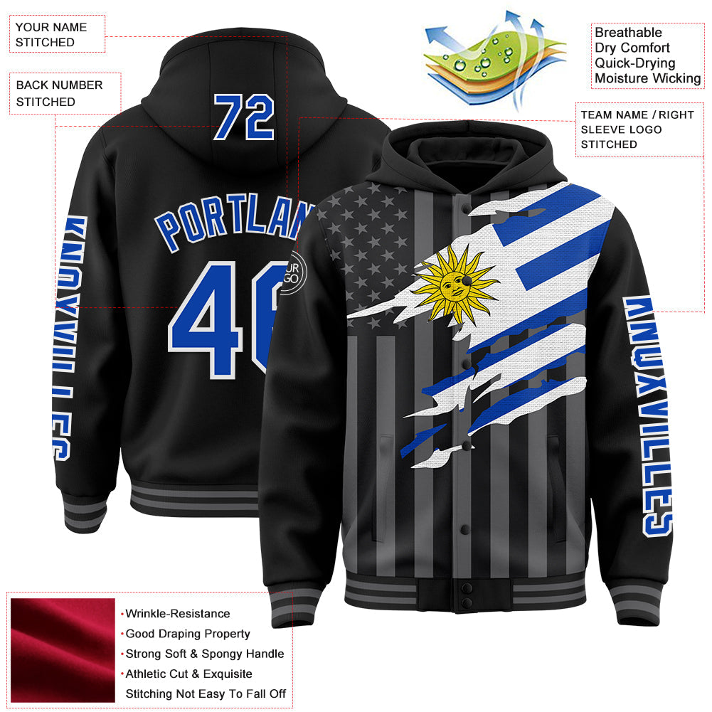 Custom Black Thunder Blue-Gray Uruguay Uruguayan Flag 3D Bomber Full-Snap Varsity Letterman Hoodie Jacket view 3