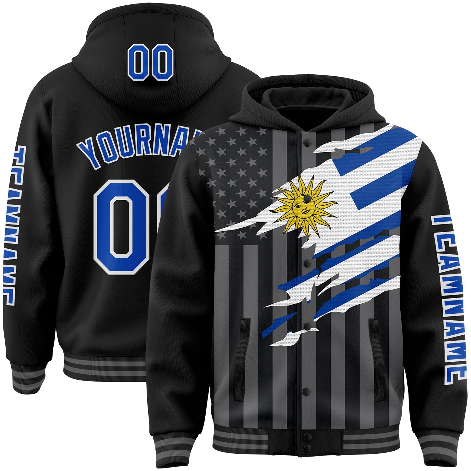 Custom Black Thunder Blue-Gray Uruguay Uruguayan Flag 3D Bomber Full-Snap Varsity Letterman Hoodie Jacket - Main View