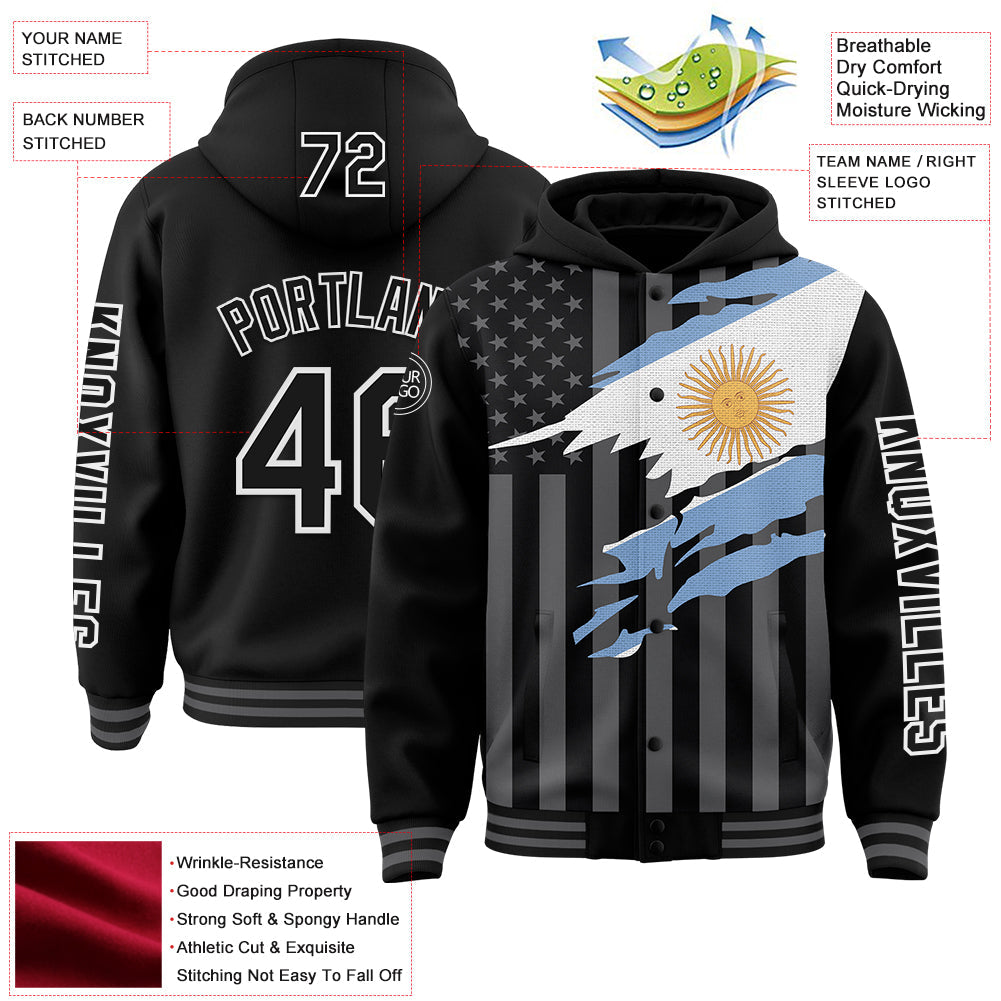 Custom Black Gray-White Argentina Argentinian Flag 3D Bomber Full-Snap Varsity Letterman Hoodie Jacket view 3