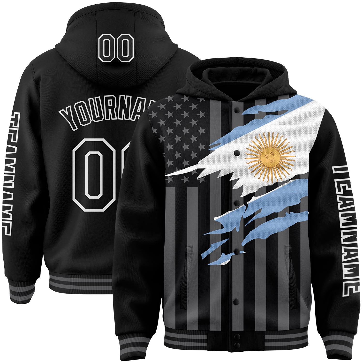 Custom Black Gray-White Argentina Argentinian Flag 3D Bomber Full-Snap Varsity Letterman Hoodie Jacket - Main View