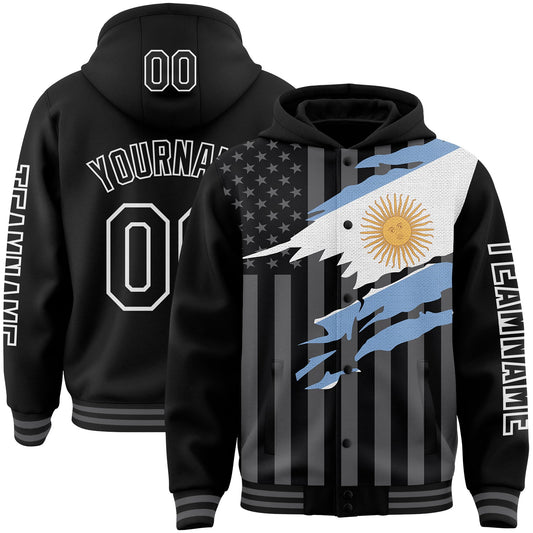Custom Black Gray-White Argentina Argentinian Flag 3D Bomber Full-Snap Varsity Letterman Hoodie Jacket - Main View