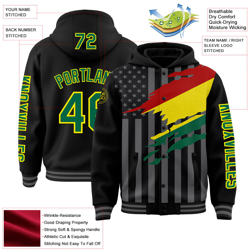 Custom Black Kelly Green Light Yellow-Gray Bolivia Bolivian Flag 3D Bomber Full-Snap Varsity Letterman Hoodie Jacket view 3