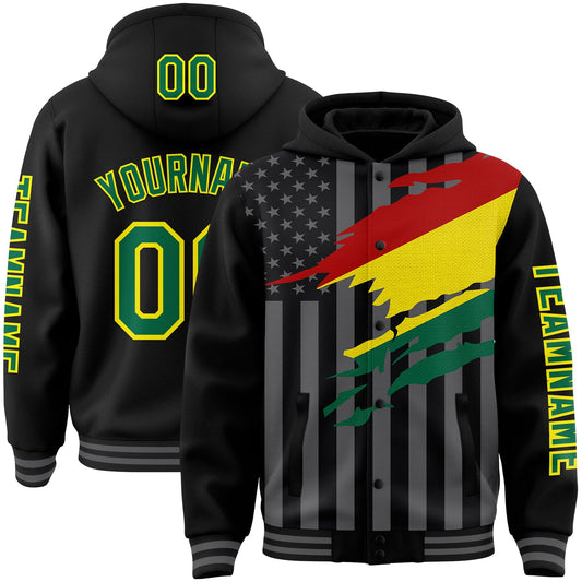 Custom Black Kelly Green Light Yellow-Gray Bolivia Bolivian Flag 3D Bomber Full-Snap Varsity Letterman Hoodie Jacket - Main View