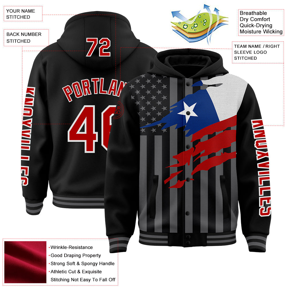 Custom Black Red-Gray Chile Chilean Flag 3D Bomber Full-Snap Varsity Letterman Hoodie Jacket view 3