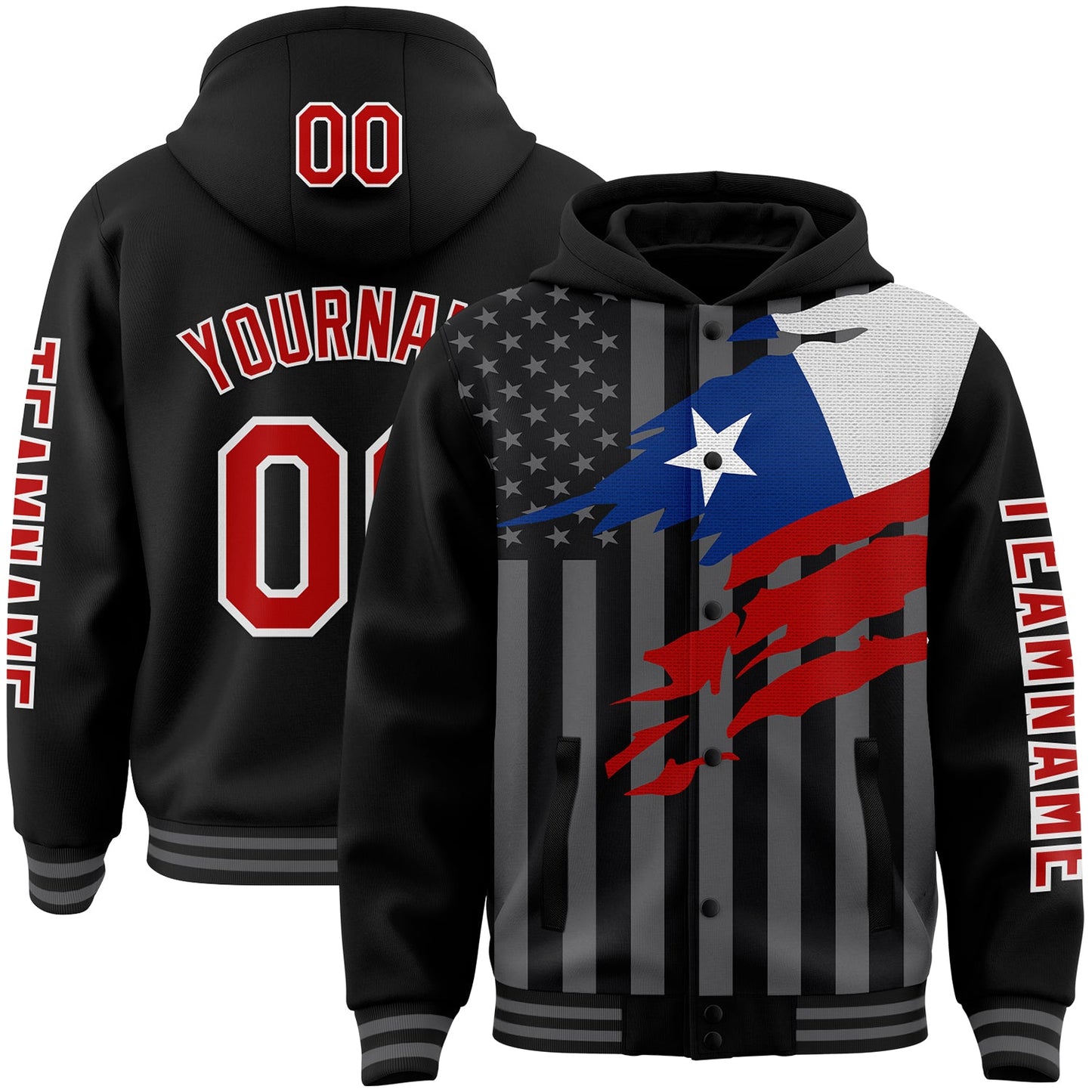 Custom Black Red-Gray Chile Chilean Flag 3D Bomber Full-Snap Varsity Letterman Hoodie Jacket - Main View