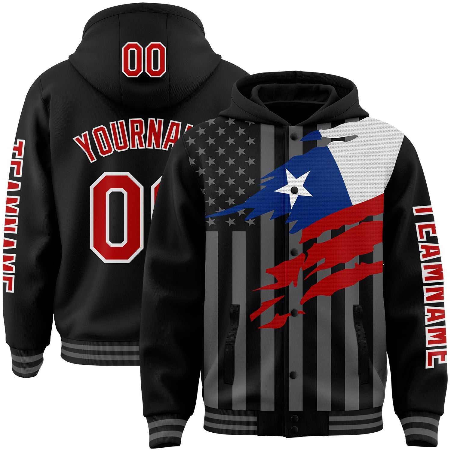 Custom Black Red-Gray Chile Chilean Flag 3D Bomber Full-Snap Varsity Letterman Hoodie Jacket - Main View