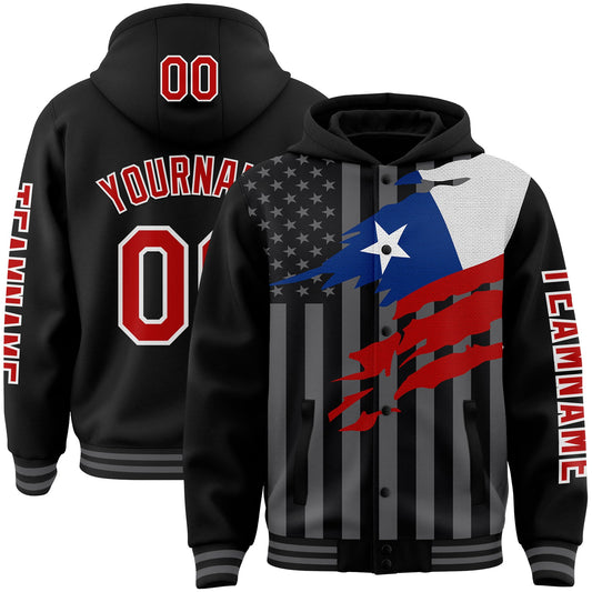Custom Black Red-Gray Chile Chilean Flag 3D Bomber Full-Snap Varsity Letterman Hoodie Jacket - Main View