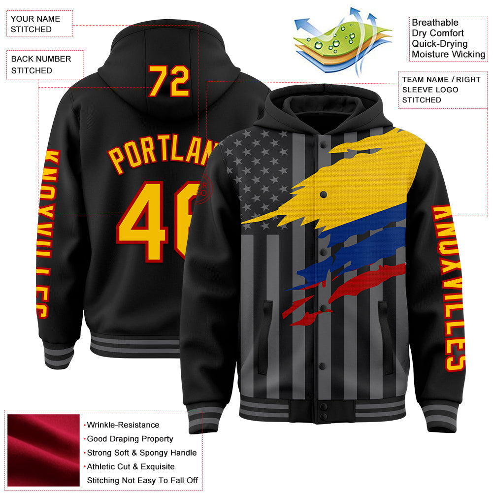 Custom Black Yellow Red-Gray Colombia Colombian Flag 3D Bomber Full-Snap Varsity Letterman Hoodie Jacket view 3