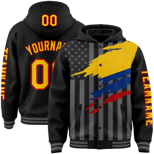 Custom Black Yellow Red-Gray Colombia Colombian Flag 3D Bomber Full-Snap Varsity Letterman Hoodie Jacket - Main View