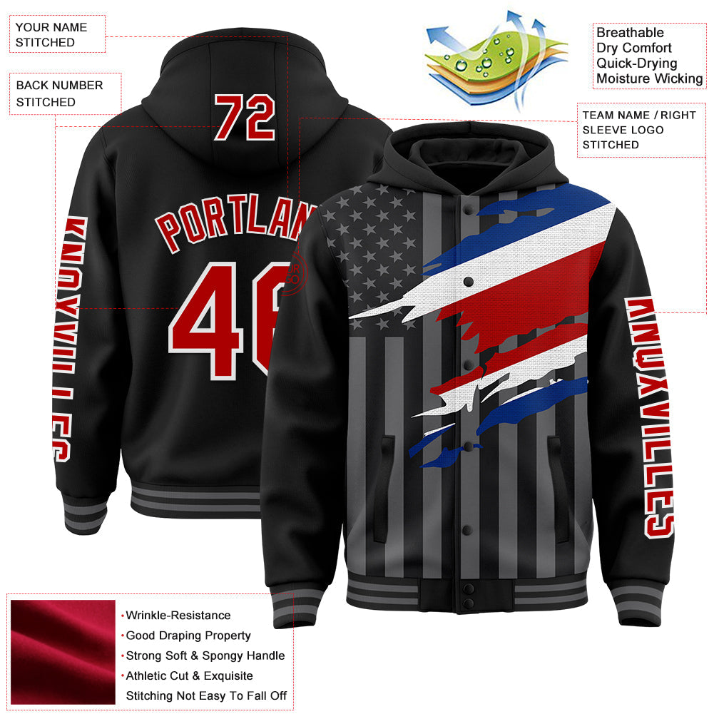 Custom Black Red-Gray Costa Rica Costa Rican Flag 3D Bomber Full-Snap Varsity Letterman Hoodie Jacket view 3