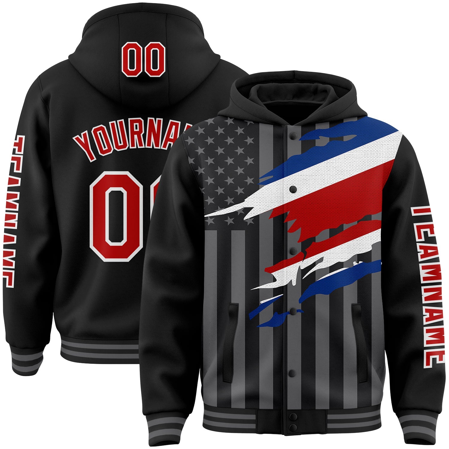 Custom Black Red-Gray Costa Rica Costa Rican Flag 3D Bomber Full-Snap Varsity Letterman Hoodie Jacket - Main View