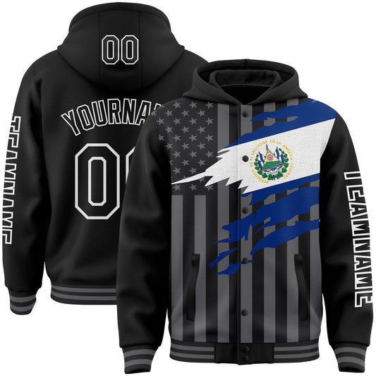Custom Black Gray-White El Salvador El Salvadoran Flag 3D Bomber Full-Snap Varsity Letterman Hoodie Jacket - Main View