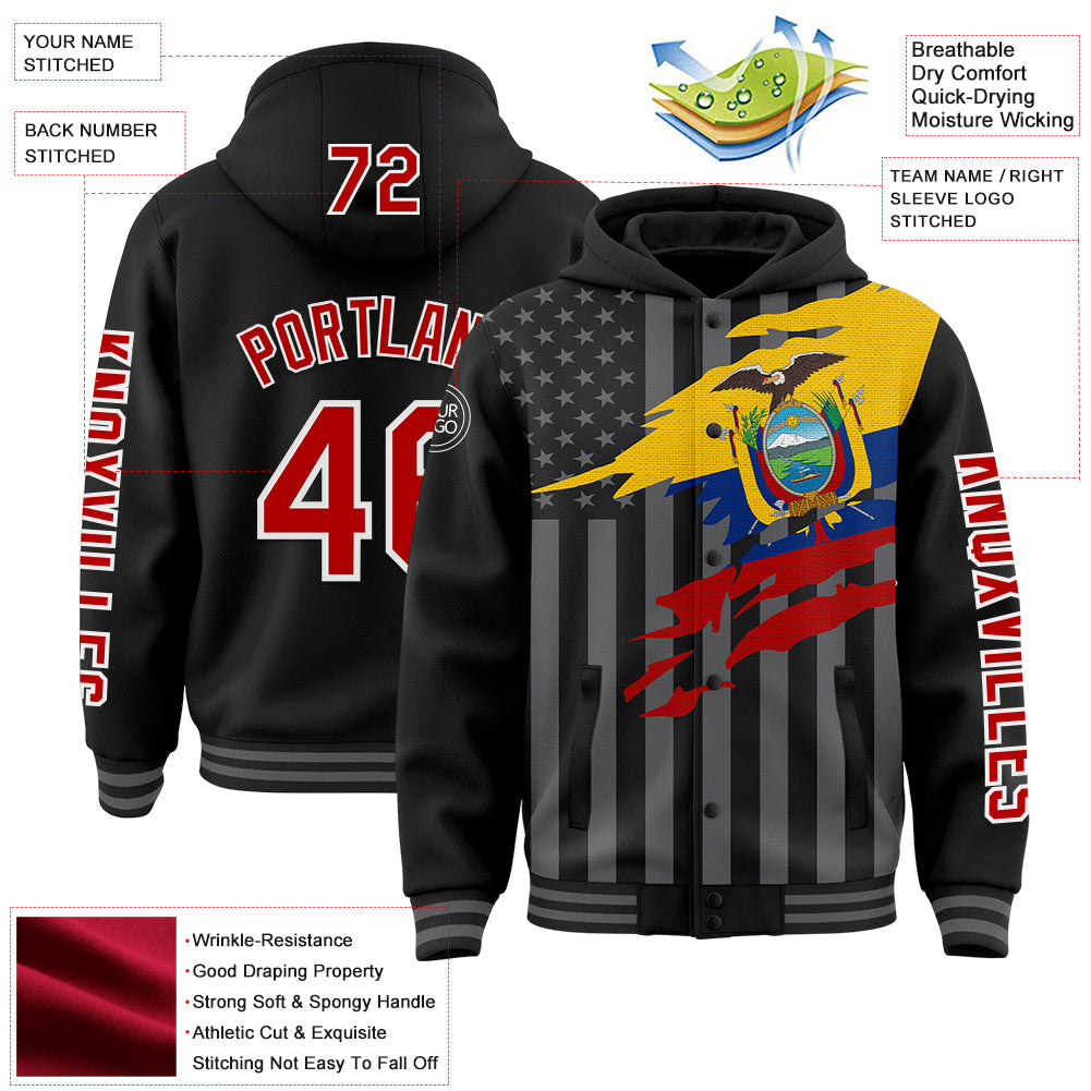 Custom Black Red-Gray Ecuador Ecuadorian Flag 3D Bomber Full-Snap Varsity Letterman Hoodie Jacket view 3