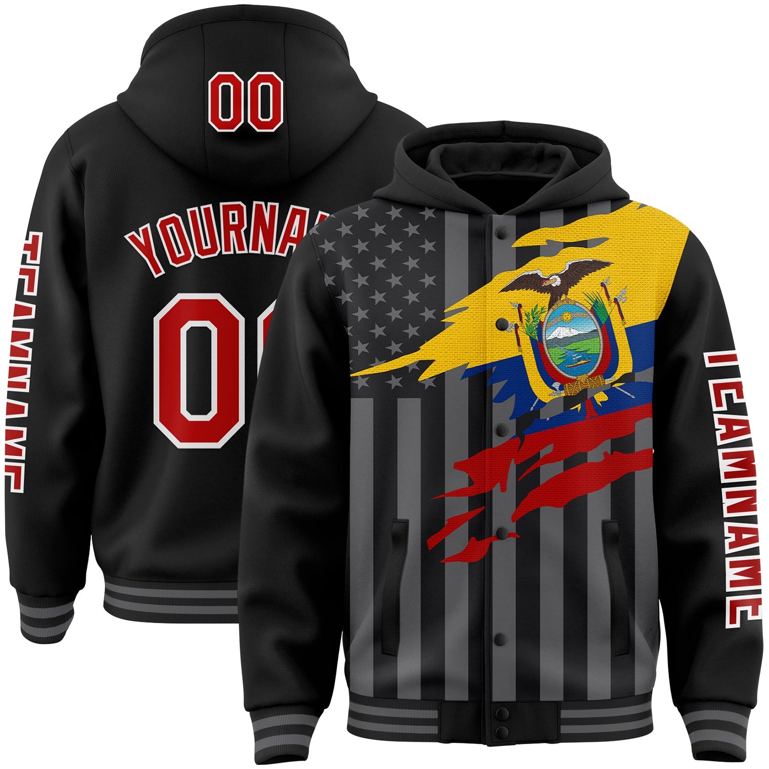 Custom Black Red-Gray Ecuador Ecuadorian Flag 3D Bomber Full-Snap Varsity Letterman Hoodie Jacket - Main View