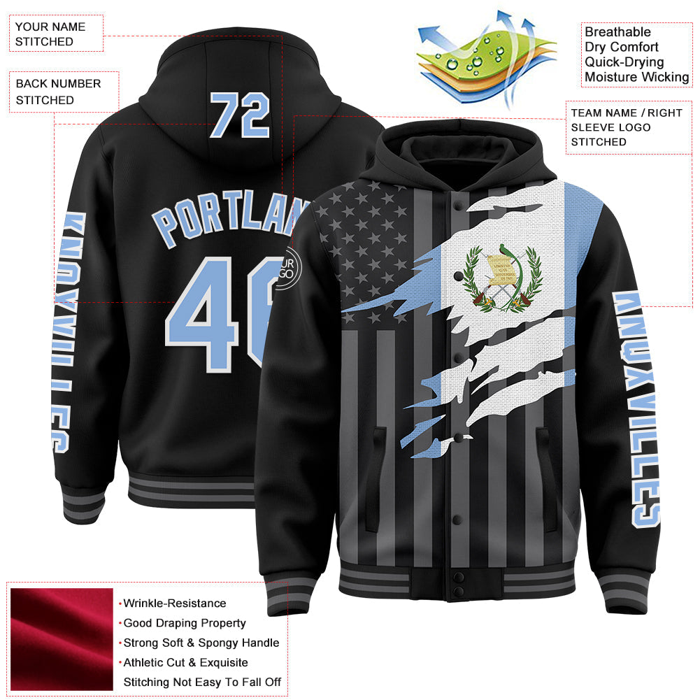 Custom Black Light Blue-Gray Guatemala Guatemalan Flag 3D Bomber Full-Snap Varsity Letterman Hoodie Jacket view 3