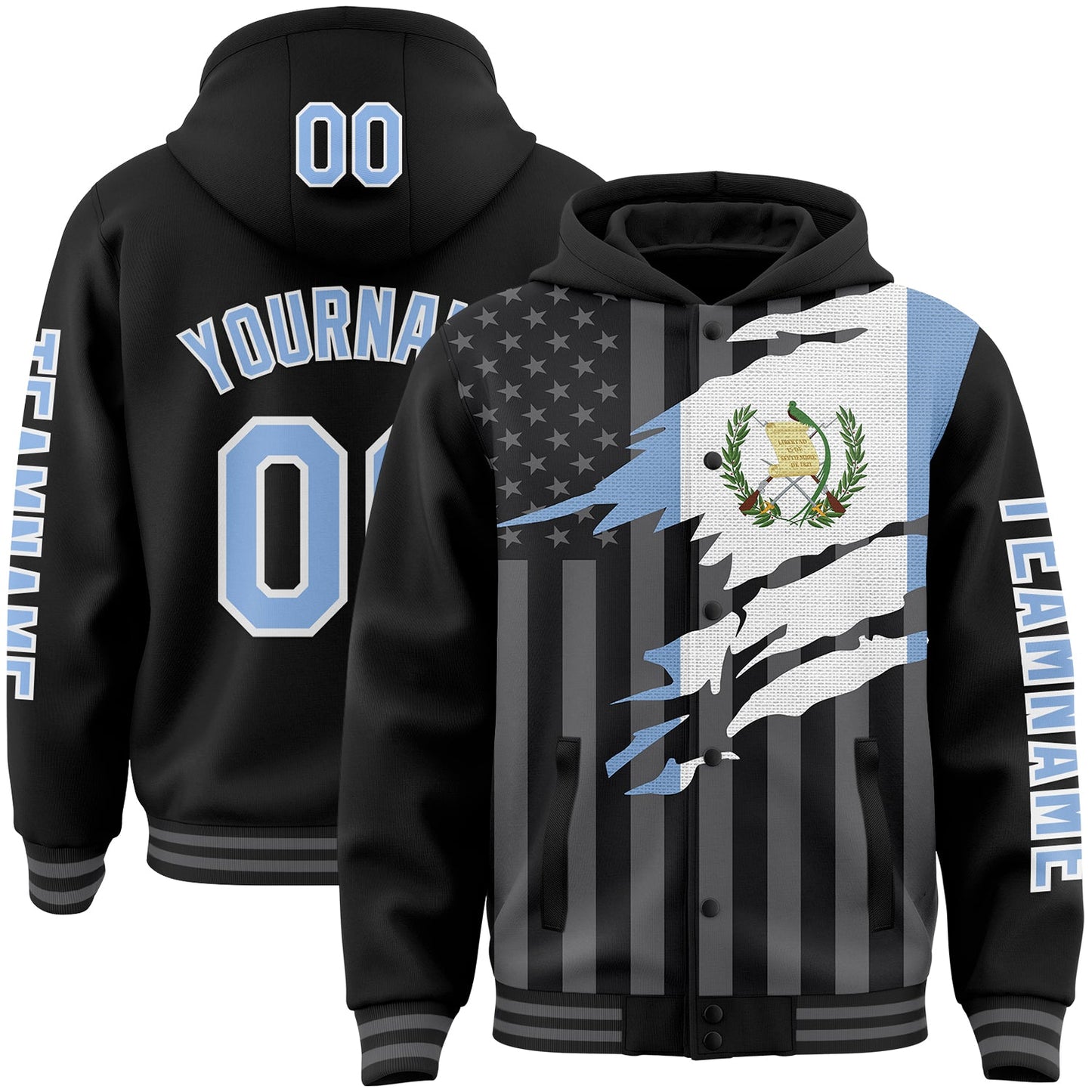 Custom Black Light Blue-Gray Guatemala Guatemalan Flag 3D Bomber Full-Snap Varsity Letterman Hoodie Jacket - Main View