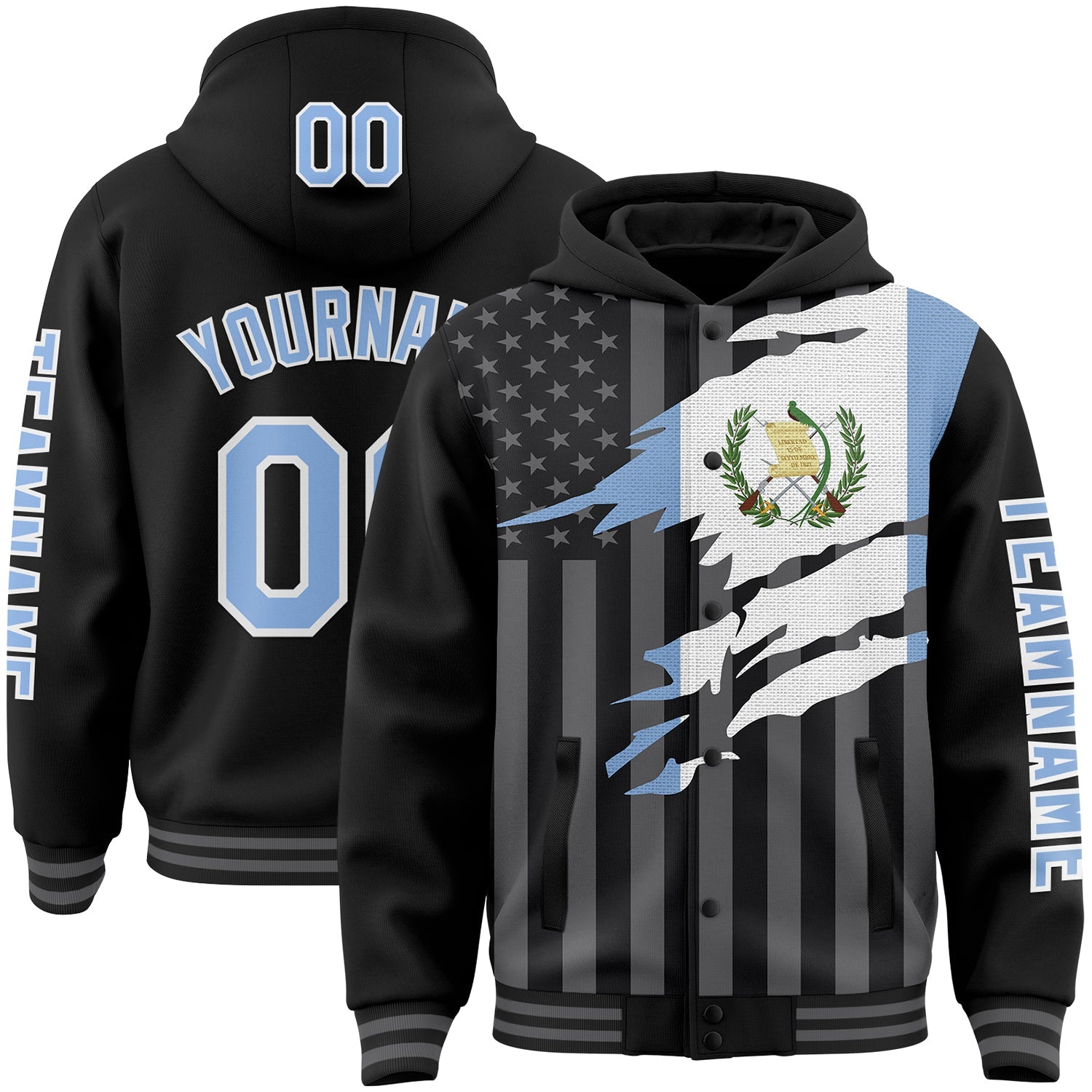Custom Black Light Blue-Gray Guatemala Guatemalan Flag 3D Bomber Full-Snap Varsity Letterman Hoodie Jacket - Main View