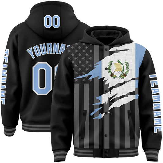 Custom Black Light Blue-Gray Guatemala Guatemalan Flag 3D Bomber Full-Snap Varsity Letterman Hoodie Jacket - Main View