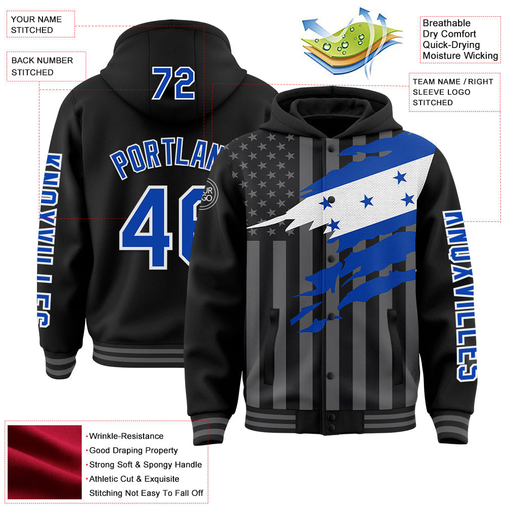 Custom Black Thunder Blue-Gray Honduras Honduran Flag 3D Bomber Full-Snap Varsity Letterman Hoodie Jacket view 3