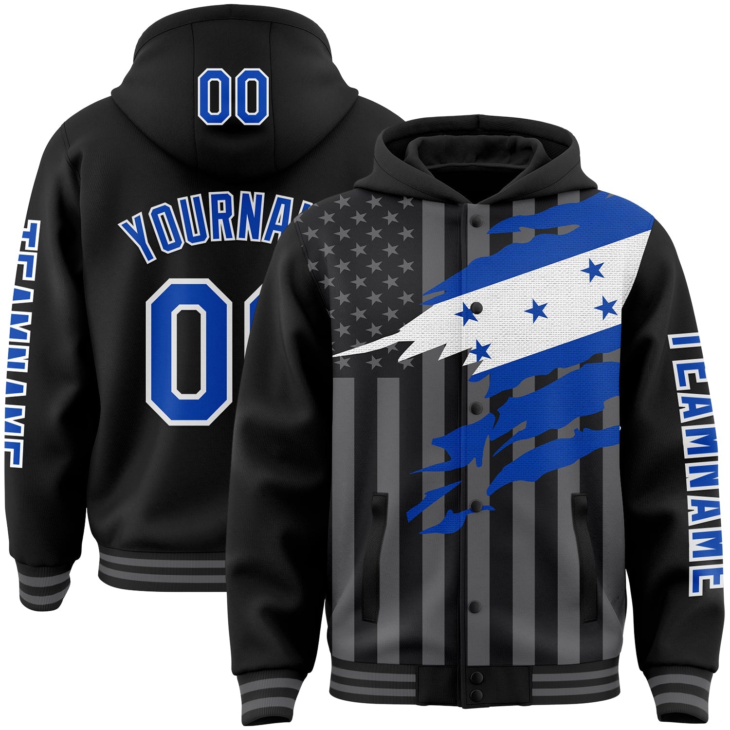 Custom Black Thunder Blue-Gray Honduras Honduran Flag 3D Bomber Full-Snap Varsity Letterman Hoodie Jacket - Main View