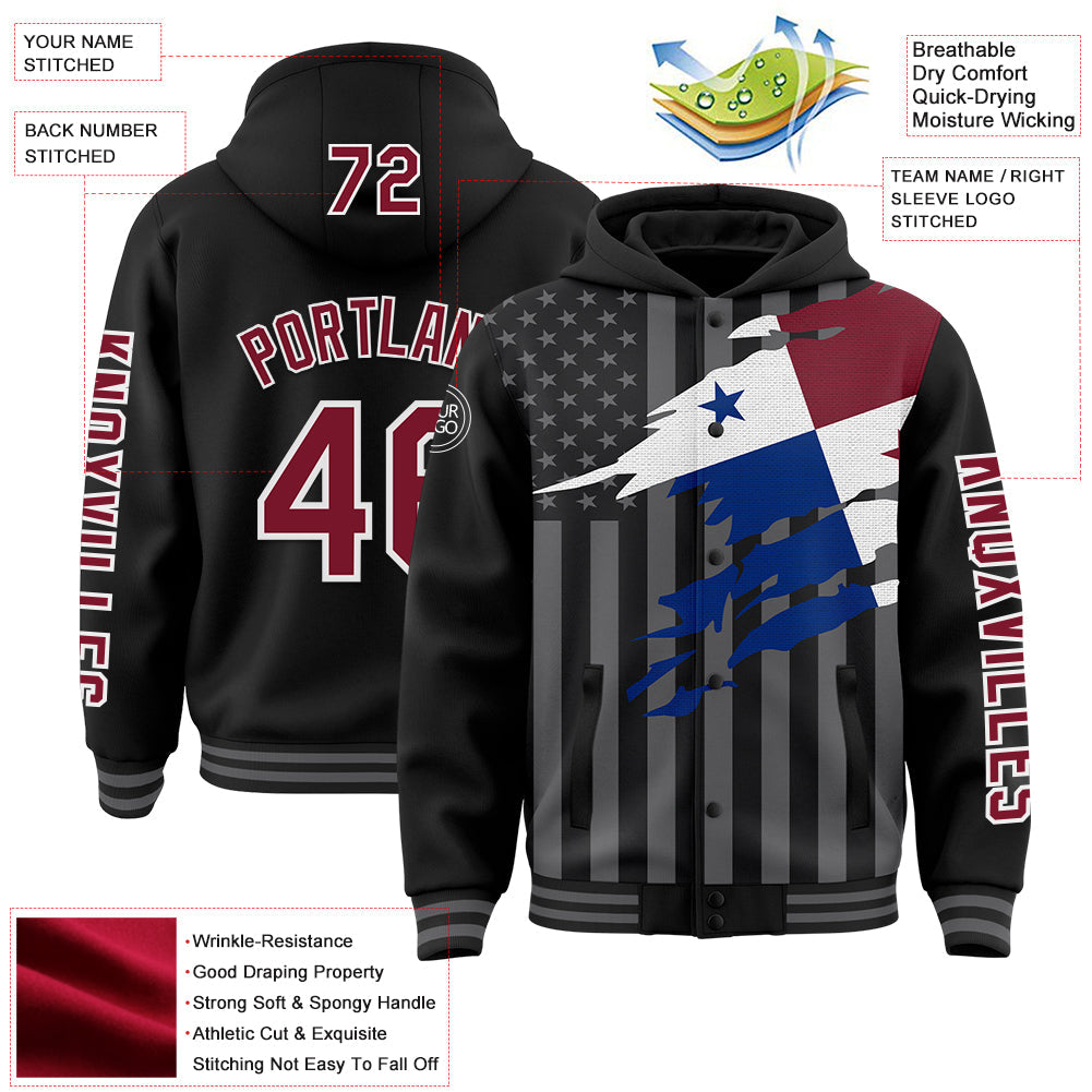 Custom Black Crimson-Gray Panama Panamanian Flag 3D Bomber Full-Snap Varsity Letterman Hoodie Jacket view 3