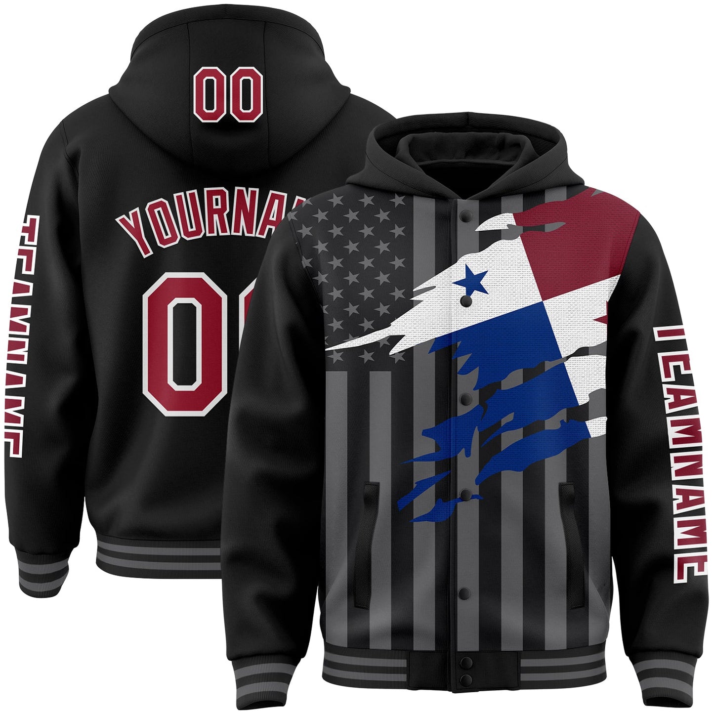 Custom Black Crimson-Gray Panama Panamanian Flag 3D Bomber Full-Snap Varsity Letterman Hoodie Jacket - Main View