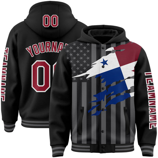 Custom Black Crimson-Gray Panama Panamanian Flag 3D Bomber Full-Snap Varsity Letterman Hoodie Jacket - Main View