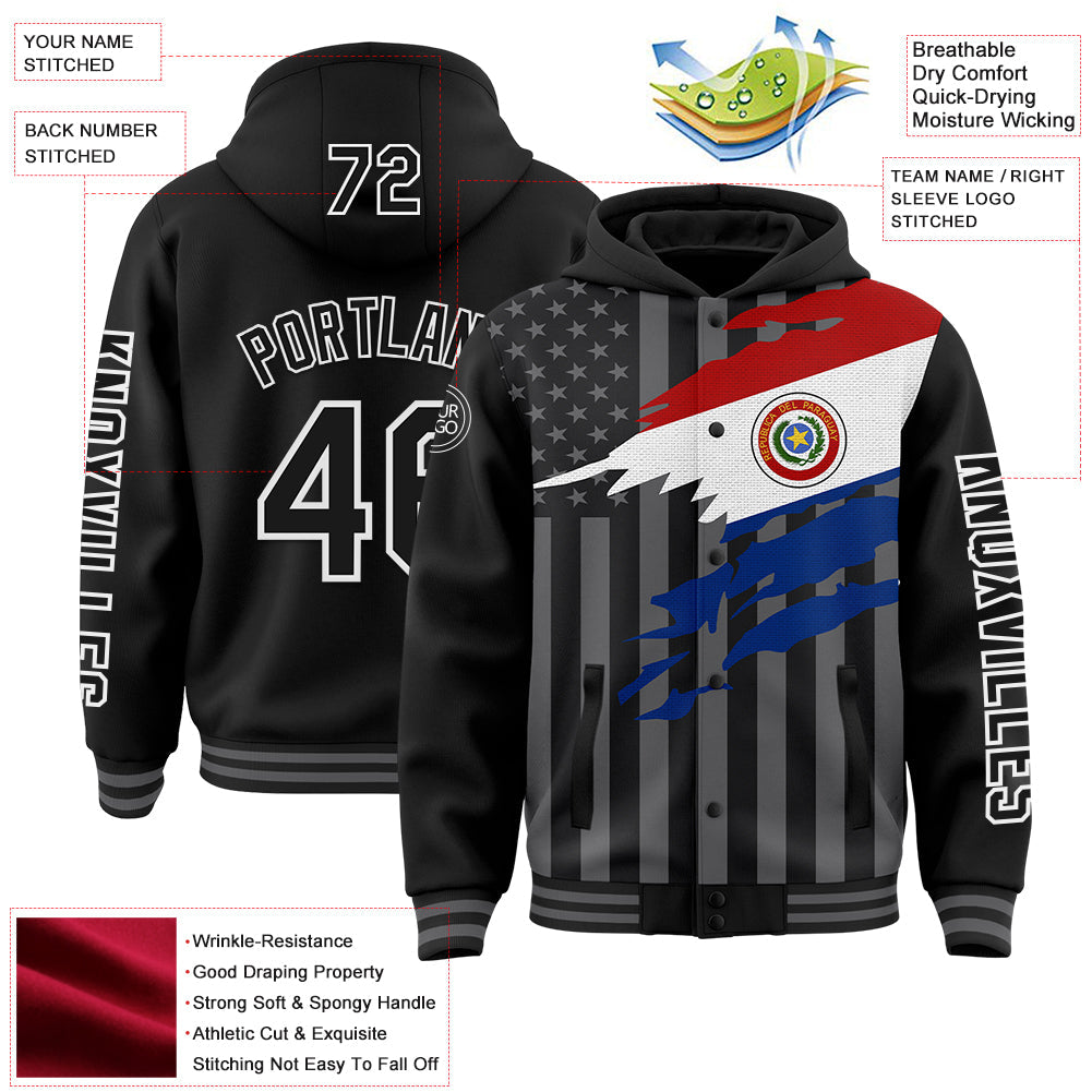 Custom Black Gray-White Paraguay Paraguayan Flag 3D Bomber Full-Snap Varsity Letterman Hoodie Jacket view 3
