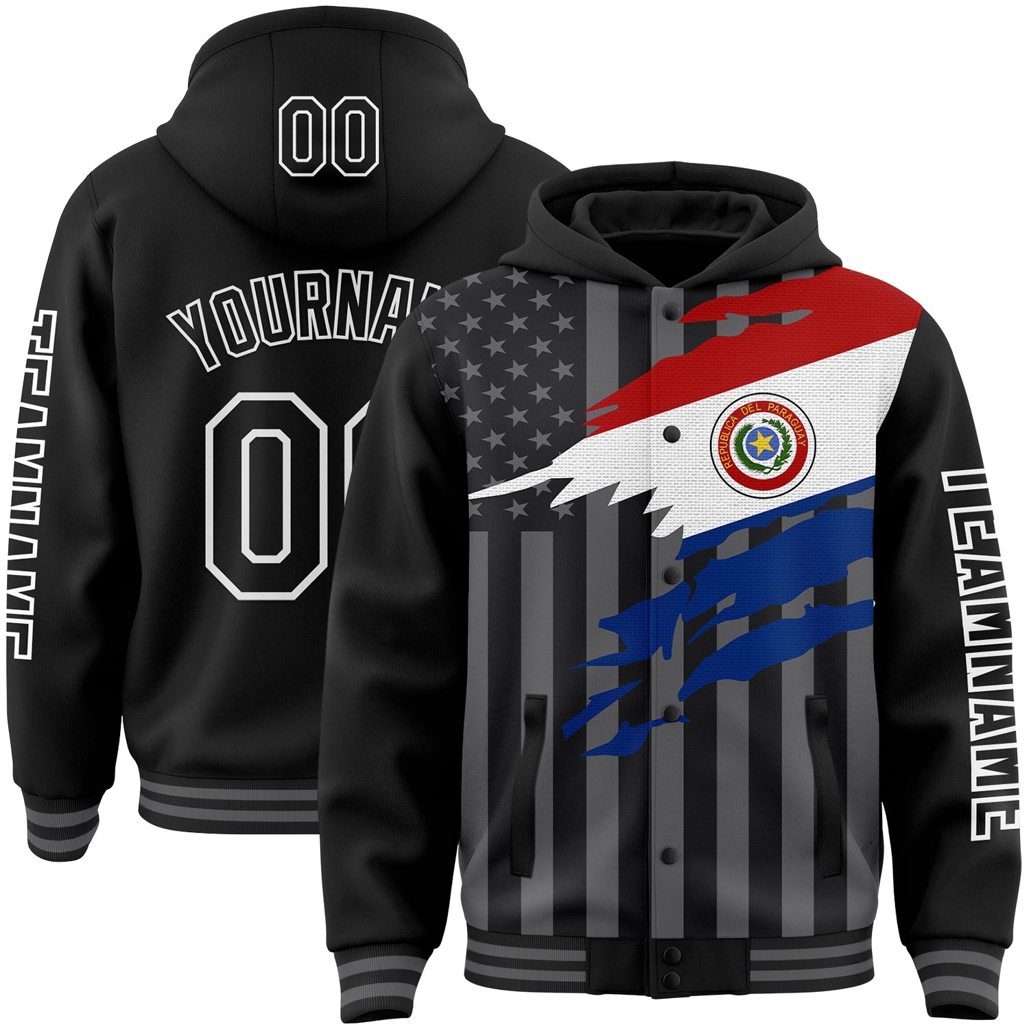 Custom Black Gray-White Paraguay Paraguayan Flag 3D Bomber Full-Snap Varsity Letterman Hoodie Jacket - Main View