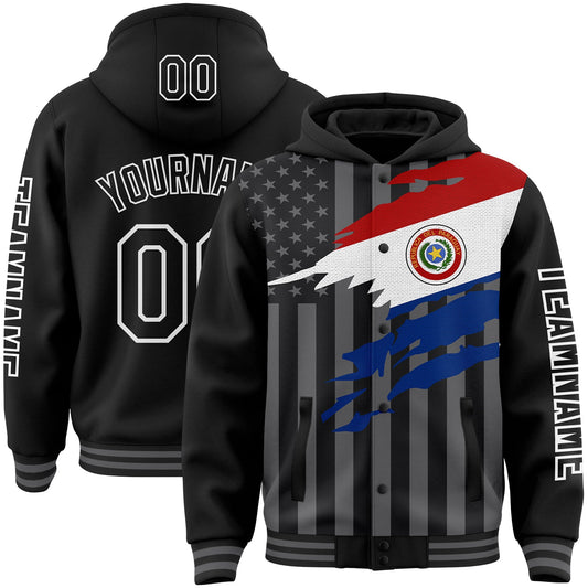 Custom Black Gray-White Paraguay Paraguayan Flag 3D Bomber Full-Snap Varsity Letterman Hoodie Jacket - Main View