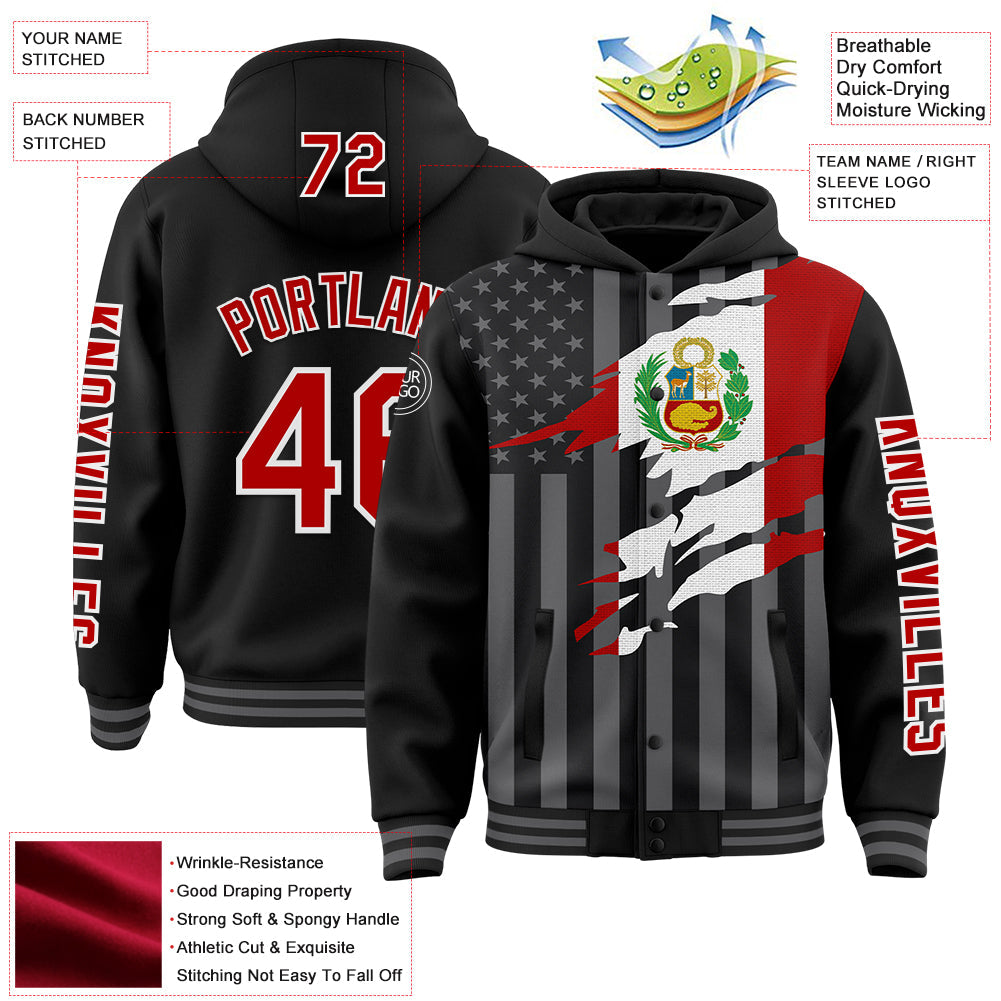 Custom Black Red-Gray Peru Peruvian Flag 3D Bomber Full-Snap Varsity Letterman Hoodie Jacket view 3