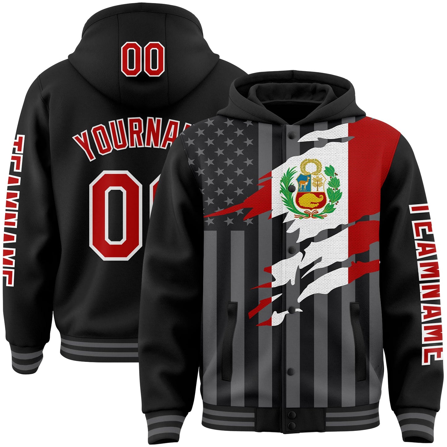 Custom Black Red-Gray Peru Peruvian Flag 3D Bomber Full-Snap Varsity Letterman Hoodie Jacket - Main View