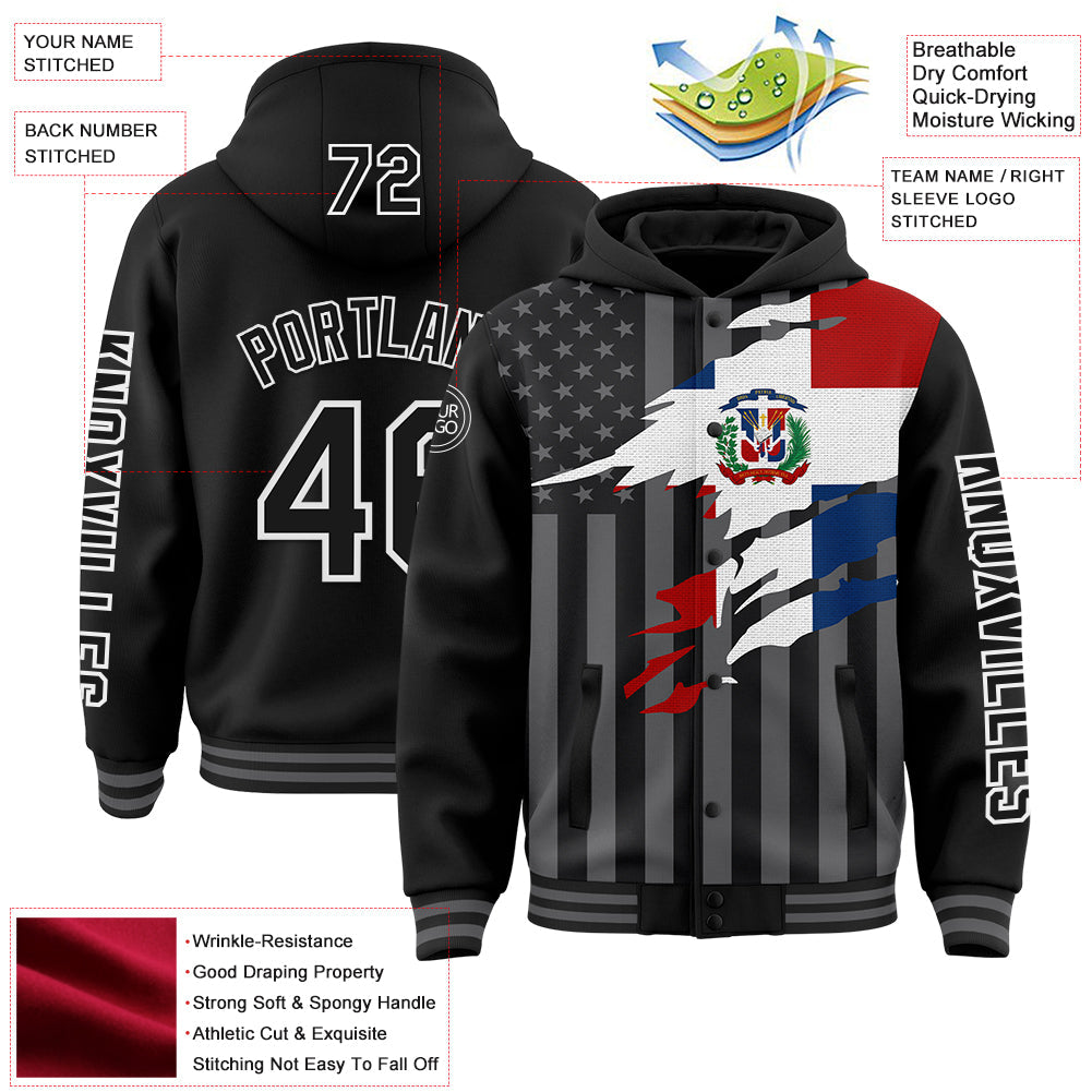 Custom Black Gray-White Dominican Republic Flag 3D Bomber Full-Snap Varsity Letterman Hoodie Jacket view 3