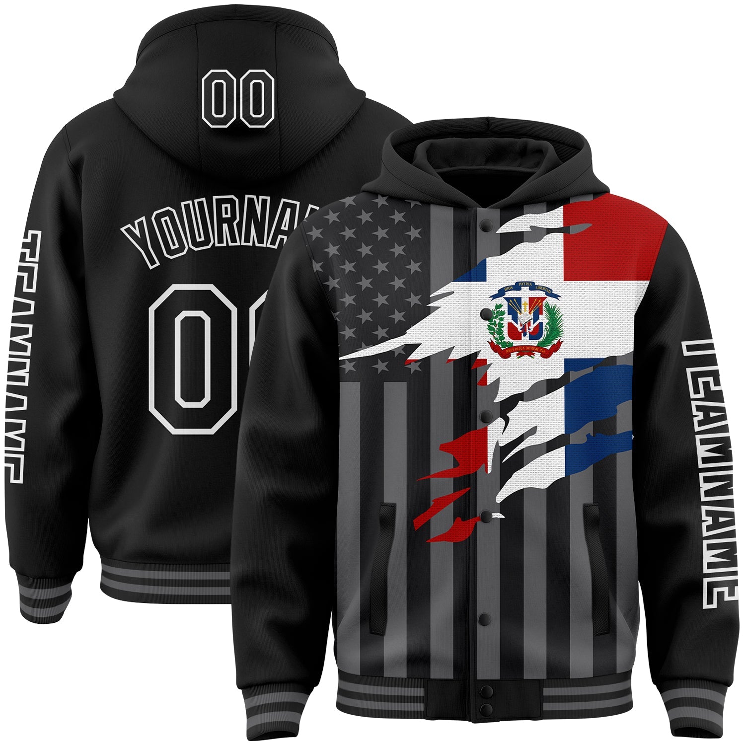Custom Black Gray-White Dominican Republic Flag 3D Bomber Full-Snap Varsity Letterman Hoodie Jacket - Main View