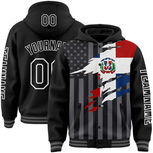 Custom Black Gray-White Dominican Republic Flag 3D Bomber Full-Snap Varsity Letterman Hoodie Jacket - Main View