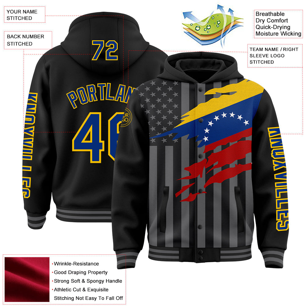 Custom Black Royal Yellow-Gray Venezuela Venezuelan Flag 3D Bomber Full-Snap Varsity Letterman Hoodie Jacket view 3