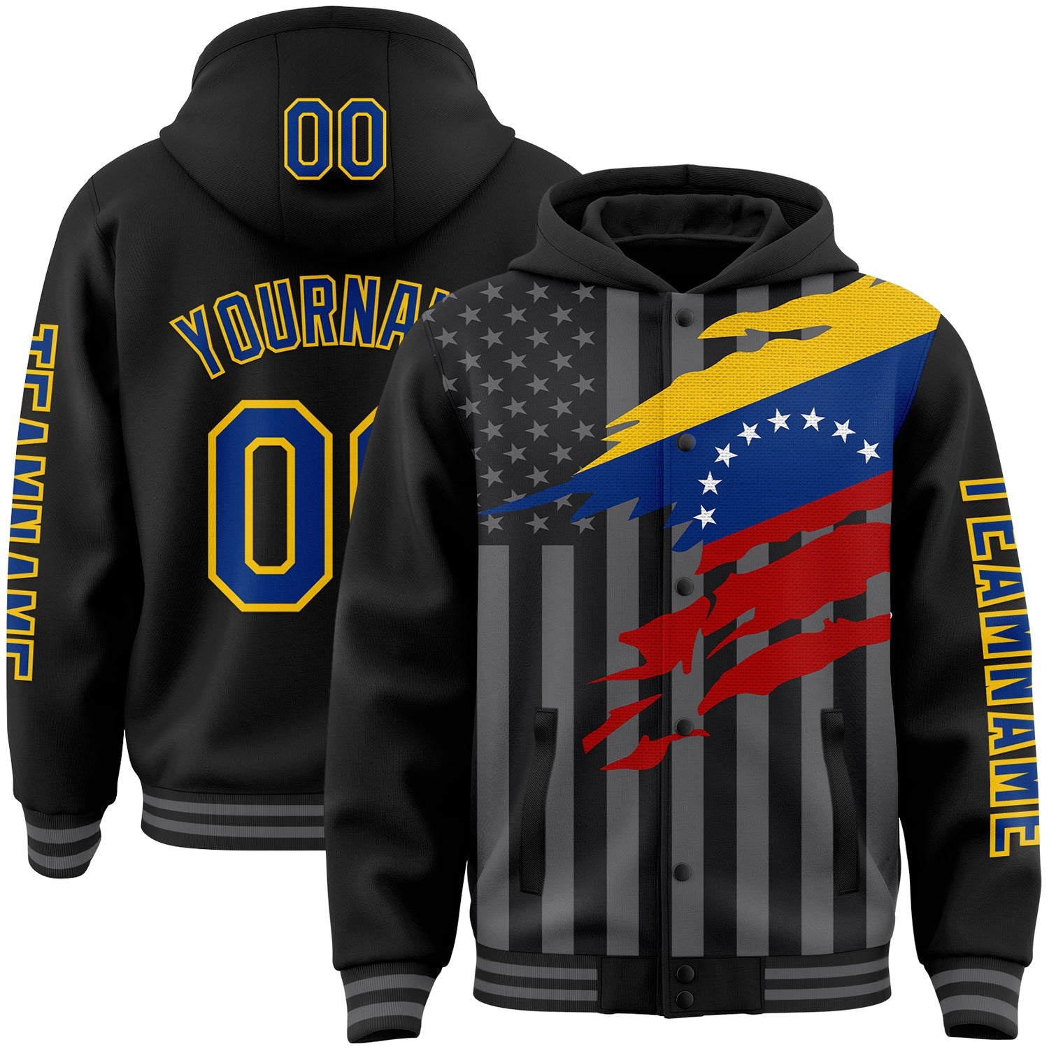 Custom Black Royal Yellow-Gray Venezuela Venezuelan Flag 3D Bomber Full-Snap Varsity Letterman Hoodie Jacket - Main View