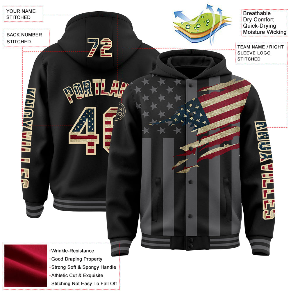 Custom Black Vintage USA Flag Cream-Gray 3D Bomber Full-Snap Varsity Letterman Hoodie Jacket view 3