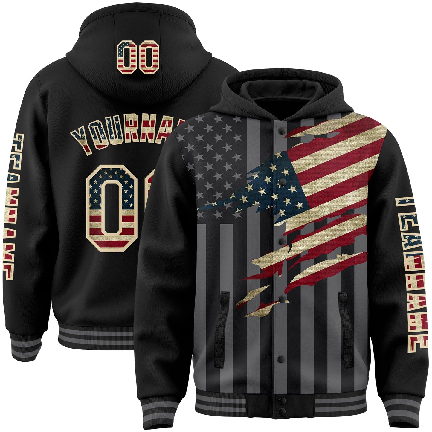 Custom Black Vintage USA Flag Cream-Gray 3D Bomber Full-Snap Varsity Letterman Hoodie Jacket - Main View