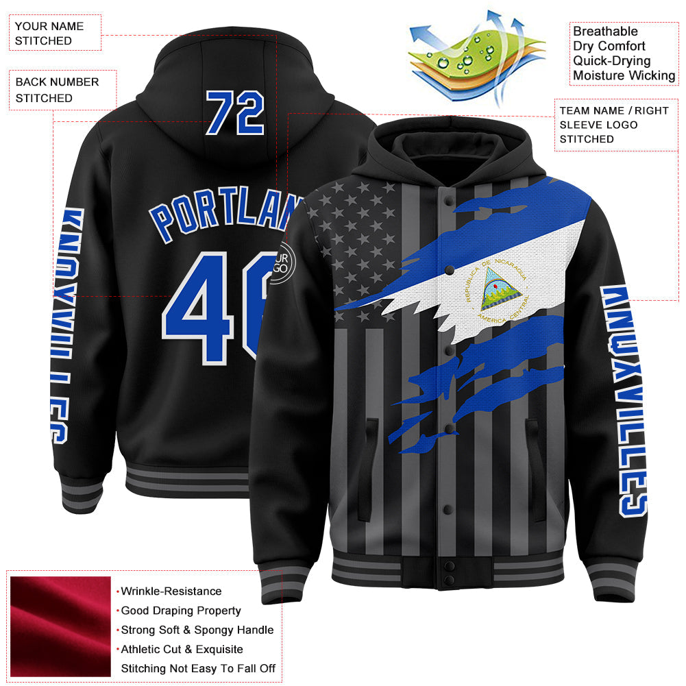 Custom Black Thunder Blue-Gray Nicaragua Nicaraguan Flag 3D Bomber Full-Snap Varsity Letterman Hoodie Jacket view 3
