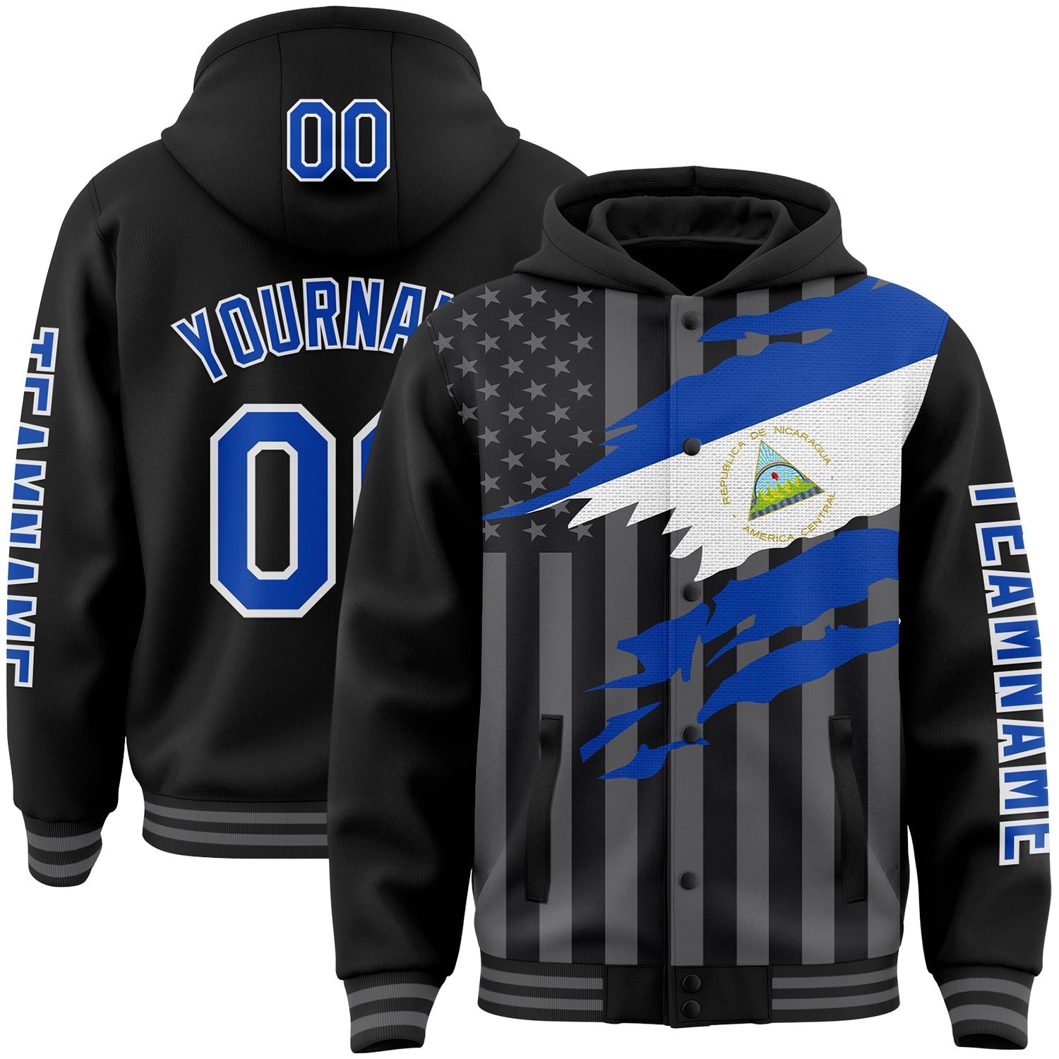 Custom Black Thunder Blue-Gray Nicaragua Nicaraguan Flag 3D Bomber Full-Snap Varsity Letterman Hoodie Jacket - Main View