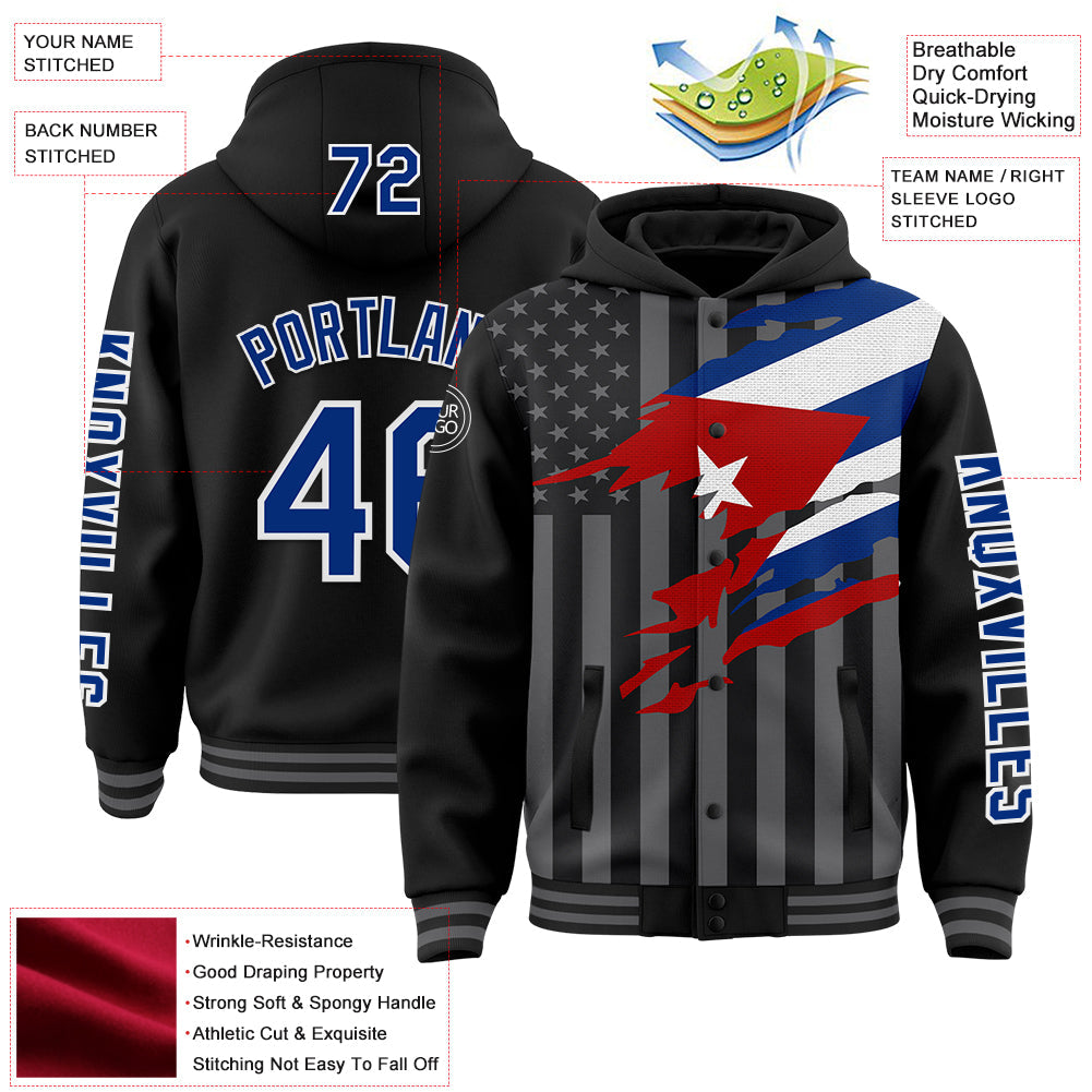 Custom Black Royal-Gray Cuba Cuban Flag 3D Bomber Full-Snap Varsity Letterman Hoodie Jacket view 3